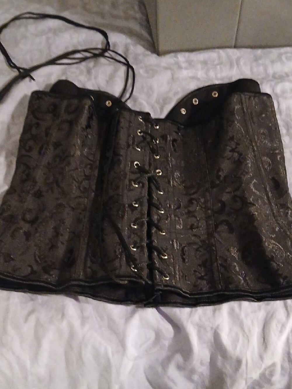 Black Jacquard Corset Brocade Lace-Up Bustier Waist Trainer Large/2X - Picture 5 of 15